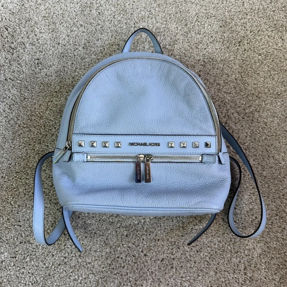 Michael Kors Backpack Womens Small Light Blue Leather Studded Zip Adjustable